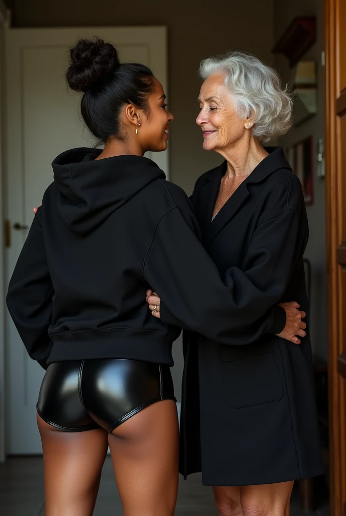 black woman hair in a bun black hoodie black leather short shorts being fucked in the ass by a old grandma in a dress