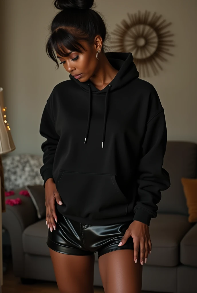 black woman hair in a bun black hoodie black leather short shorts being fucked in the ass by a old grandma in a dress
