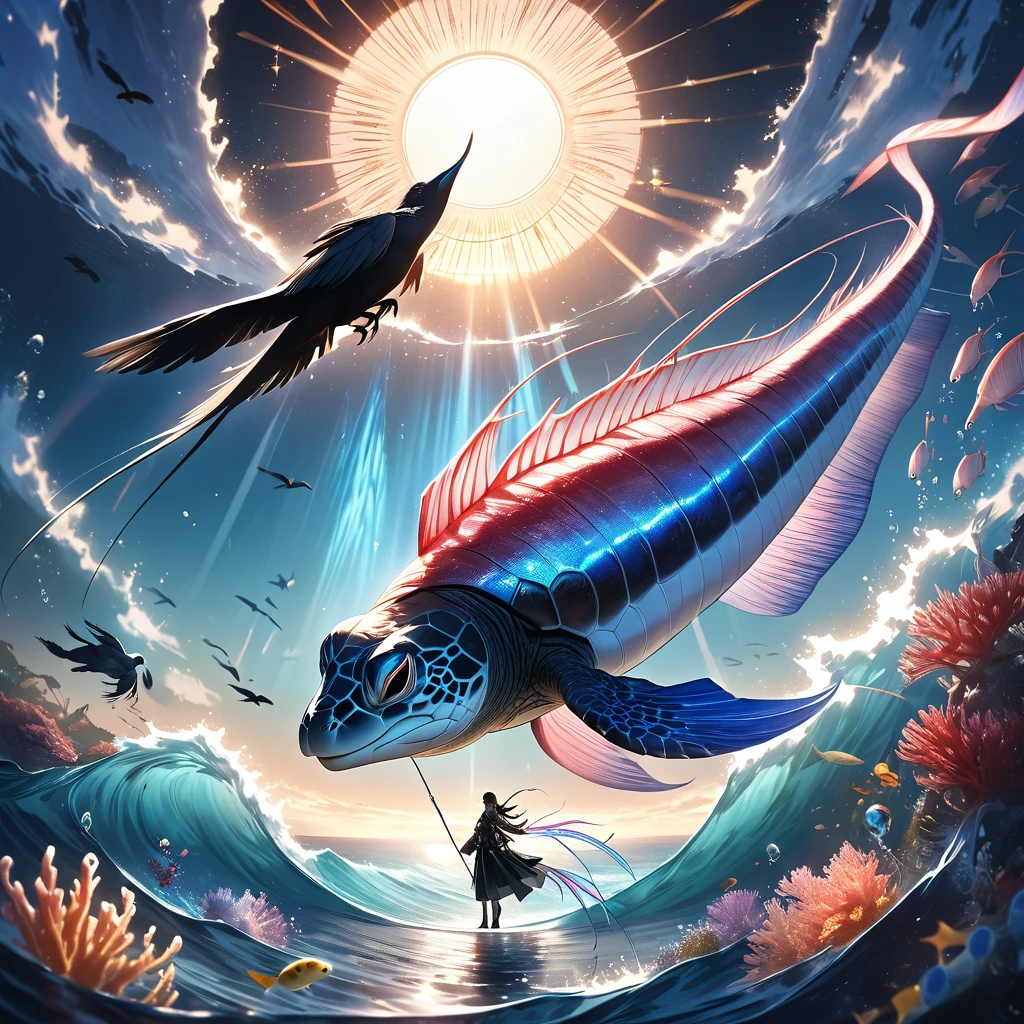 Dazzling Light、lame、A big shining sun、Beautiful and wide sea、One large oarfish、A turtle floating in the sea、A crow、Transparent and beautiful lighting, Artistic design、Pop Fantasy, Vast views、Detailed depiction、Xin Haicheng、Sparkle Effect, Soft Light, Iridescent Oarfish、white dragon