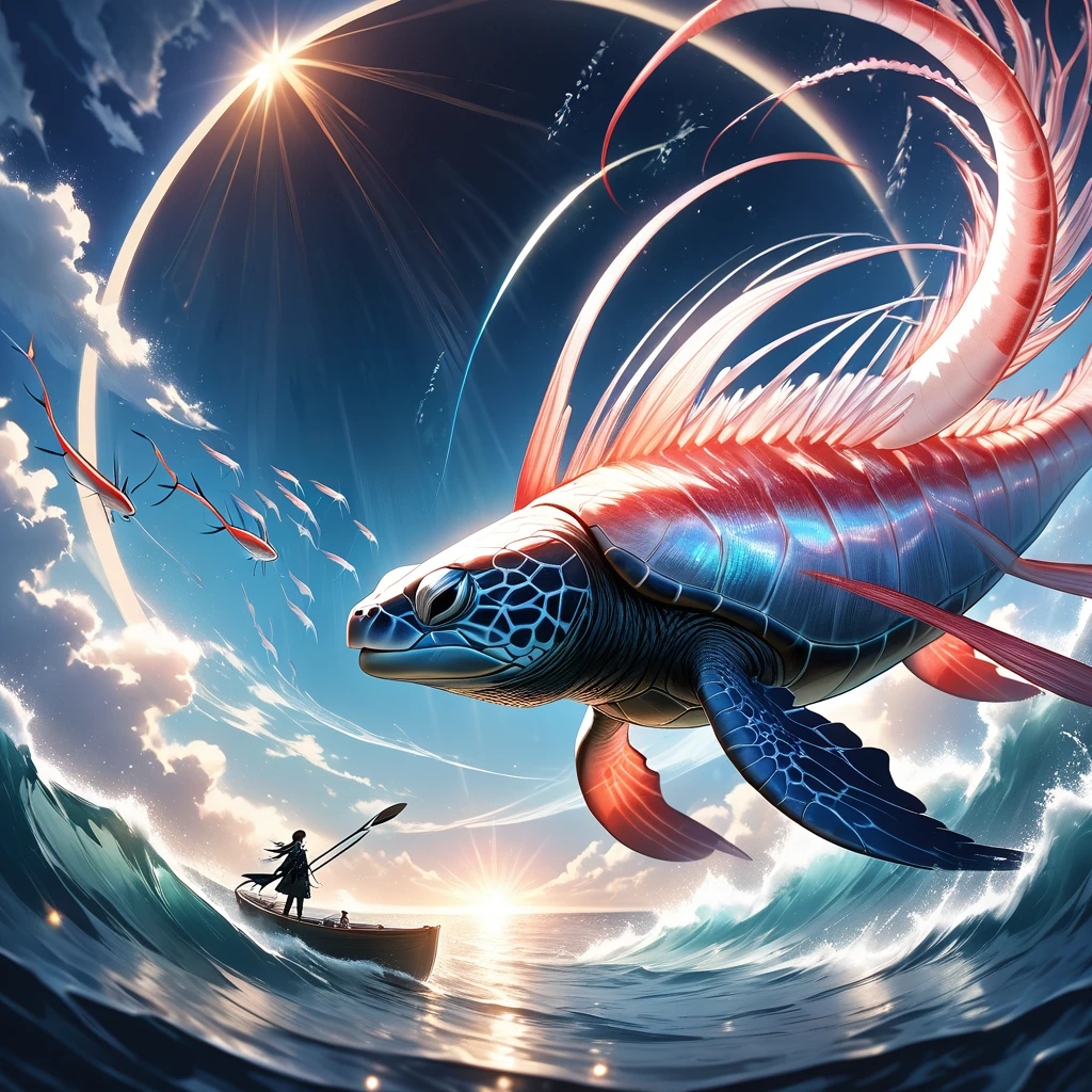 Dazzling Light、lame、A big shining sun、Beautiful and wide sea、One large oarfish、A turtle floating in the sea、A crow、Transparent and beautiful lighting, Artistic design、Pop Fantasy, Vast views、Detailed depiction、Xin Haicheng、Sparkle Effect, Soft Light, Iridescent Oarfish、white dragon