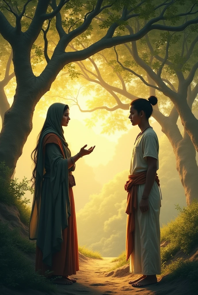 She watched Arun approach with a serene yet guarded expression. As they spoke, Arun was struck by her wisdom and the depth of her connection to the village's lore. She told him of the village's secret in tree