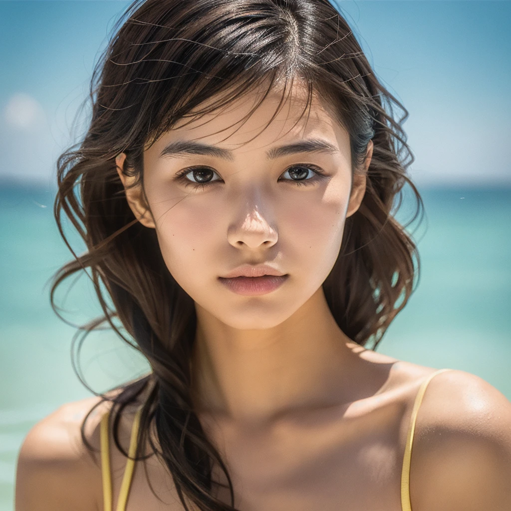 A hyper-realistic image of a single Japanese woman in her early 20s, captured with the nostalgic warmth and pronounced graininess of a film camera, showing her from the shoulders up as she stands on a sunlit beach. Her skin has a warm beige tone with a natural, visibly rough texture that includes pronounced pores, fine lines, and subtle imperfections such as small blemishes, slight unevenness, and a hint of sun exposure, contributing to the authenticity of her appearance. The texture of her skin is intentionally less smooth, with a tangible roughness that enhances the realism, making the surface appear slightly weathered by the elements. The soft, diffused natural light illuminates her face and shoulders with a gentle touch, casting shadows that subtly reveal the unevenness of her skin. Her straight, glossy black hair flows naturally in the ocean breeze, framing her face, and her deep brown eyes reflect the soft sunlight and the shimmering sea. The film camera effect amplifies the grain and texture, creating a warm, nostalgic atmosphere while maintaining the deliberately rougher, less polished texture of her skin. The composition, focused on her upper body, captures the serene elegance of the beach setting, highlighting the natural interaction of light and shadow on her skin. This combination of a rough, realistic skin texture, soft natural light, and the grainy film-like qualities ensures that the image presents an authentic, lifelike portrayal of the woman, centered on her face and shoulders.