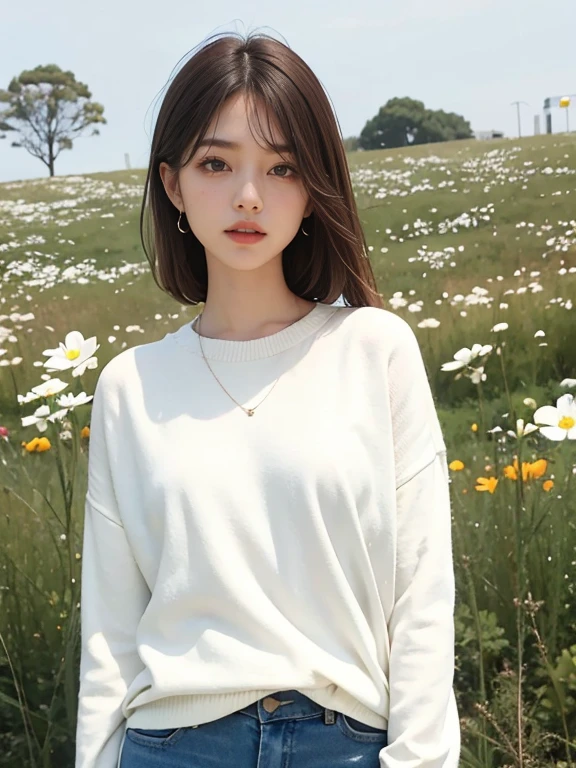 Cosmos field。White sweater。Beautiful woman in denim。