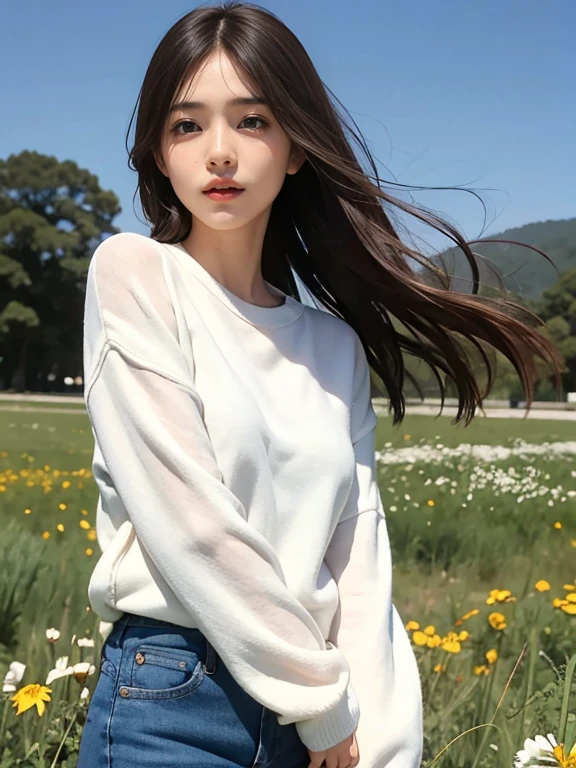 Cosmos field。White sweater。Beautiful woman in denim。
