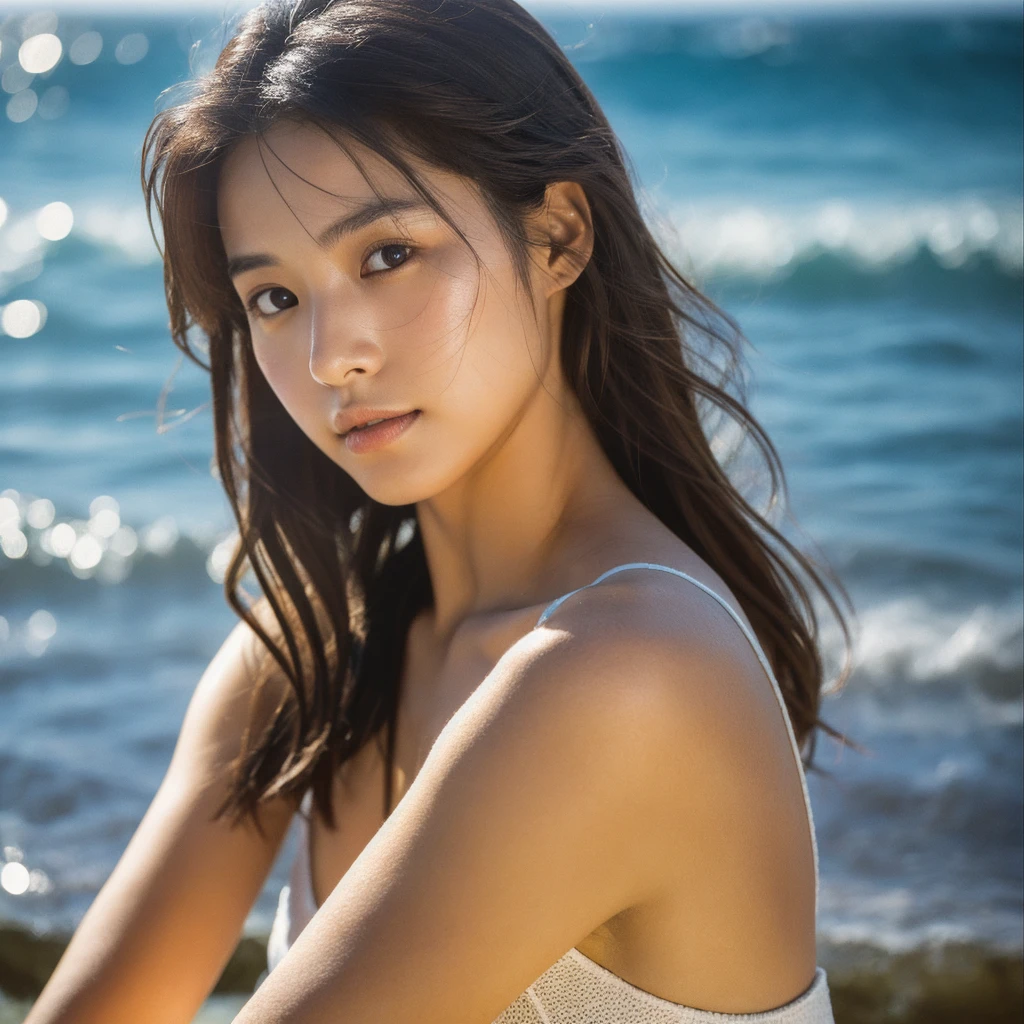 A hyper-realistic image of a single Japanese woman in her early 20s, captured with the nostalgic warmth and pronounced graininess of a film camera, showing her from the shoulders up as she stands on a sunlit beach. Her skin has a warm beige tone with a natural, visibly rough texture that includes pronounced pores, fine lines, and subtle imperfections such as small blemishes, slight unevenness, and a hint of sun exposure, contributing to the authenticity of her appearance. The texture of her skin is intentionally less smooth, with a tangible roughness that enhances the realism, making the surface appear slightly weathered by the elements. The soft, diffused natural light illuminates her face and shoulders with a gentle touch, casting shadows that subtly reveal the unevenness of her skin. Her straight, glossy black hair flows naturally in the ocean breeze, framing her face, and her deep brown eyes reflect the soft sunlight and the shimmering sea. The film camera effect amplifies the grain and texture, creating a warm, nostalgic atmosphere while maintaining the deliberately rougher, less polished texture of her skin. The composition, focused on her upper body, captures the serene elegance of the beach setting, highlighting the natural interaction of light and shadow on her skin. This combination of a rough, realistic skin texture, soft natural light, and the grainy film-like qualities ensures that the image presents an authentic, lifelike portrayal of the woman, centered on her face and shoulders.