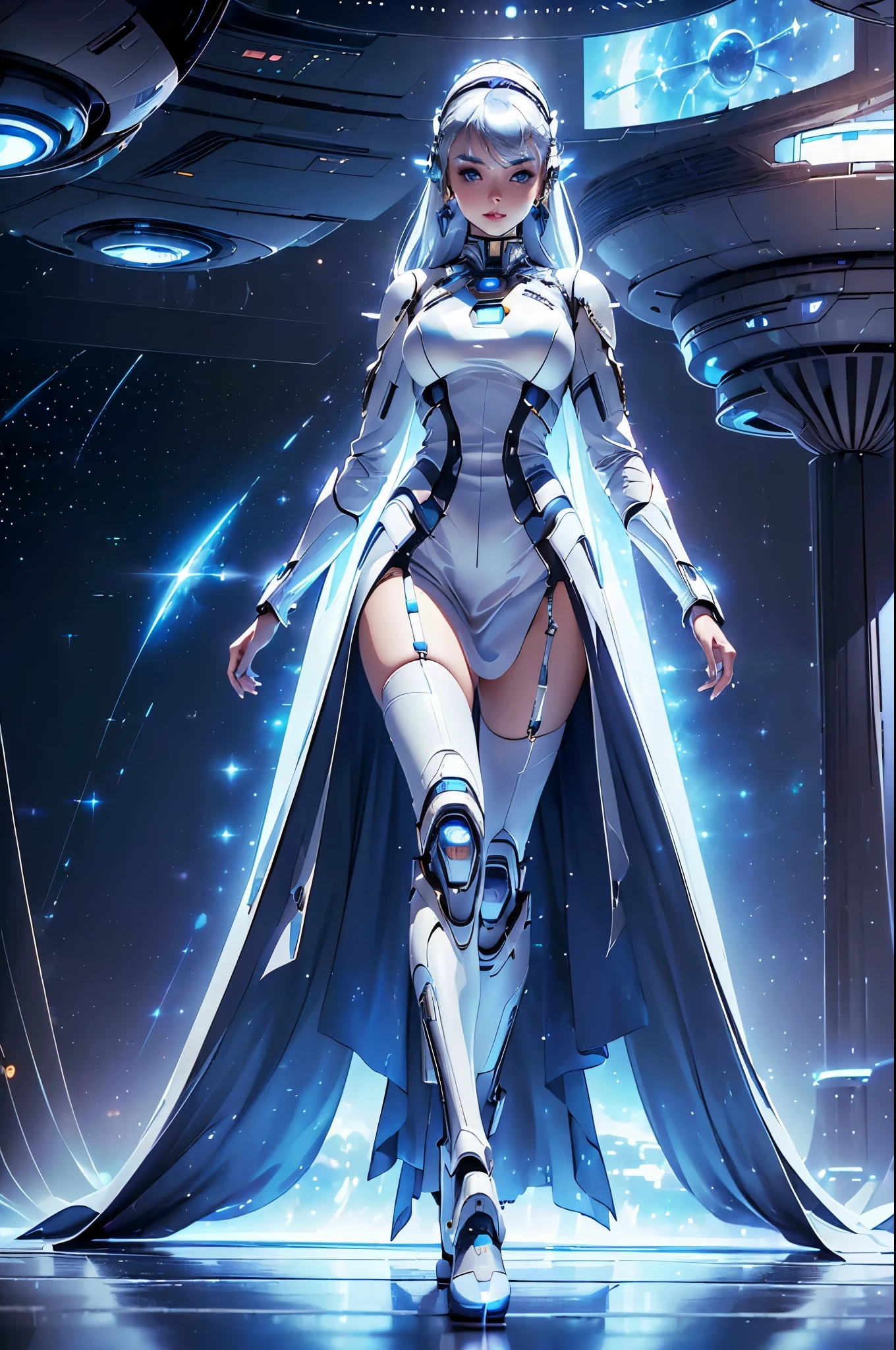 (Future World Fashion Show: 1.5),(Future sci-fi beauty model catwalk: 1.5), Smiling female model,Elegant and dignified posture,Wearing a blue dress,Blue fluorescence,Starry sky pattern,The secrets of the universe,Future distribution,Silvery white glow,Soft touch,Silver-blue eye makeup,Cosmic Starlight,virtual future runway,(Sci-fi Fashion Fashion Show: 1.5),(Huge high-tech catwalk: 1.5),(There was only one female model at the catwalk),Realistic images,8K, Ultra high quality, masterpiece, precise, Textured Skin, High Detail, best quality, Awards,((Long-range shooting,Sense of distance,Full body image))