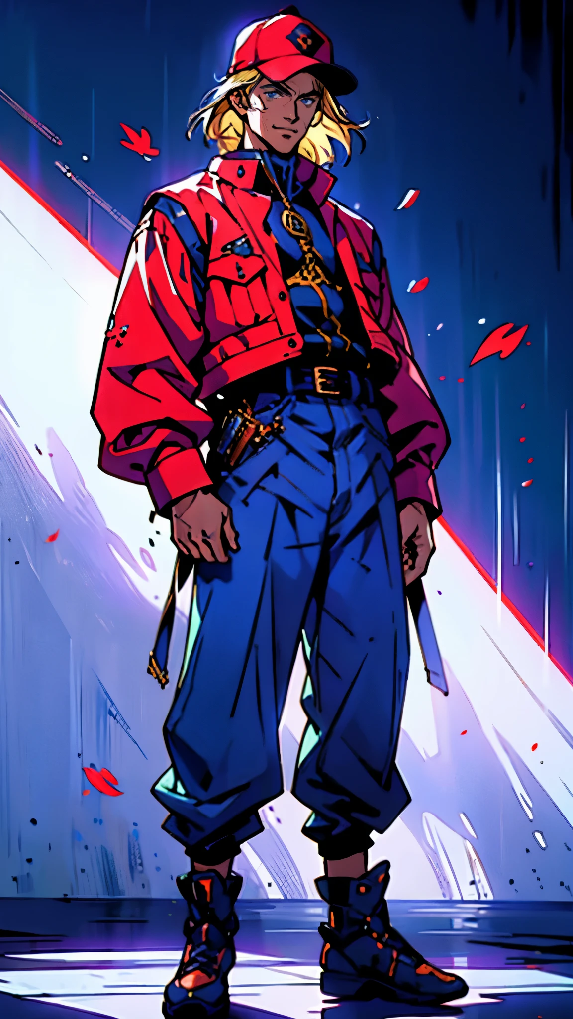 (masterpiece:1.2, best quality:1.2, extremely delicate:1.2), ((male:1.5)), a young man with blonde hair, wearing a red baseball cap backward, messy bangs windblown, a handsome face, a lazy gaze, a confident smile, a fantasy-realism style blue work vest jacket, a dark blue denim long robe underneath, featuring a long hem, a leather belt, loose coarse cloth trousers, strikes a kung fu pose in a horse stance, as fallen leaves are swept up by a whirlwind around him, this character embodies a finely crafted fantasy-realism style kung fu warrior in anime style, exquisite and mature manga art style, dramatic, high definition, highres, ultra-detailed, ultra-fine painting, professional, perfect body proportions, golden ratio, anatomically correct, symmetrical face, extremely detailed eyes and face, high quality eyes, creativity, RAW photo, UHD, 32k, Natural light, cinematic lighting, (masterpiece-anatomy-perfect:1.2)