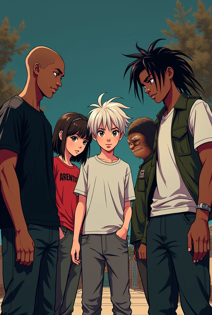 an image with 5 people interacting with each other, a young bald black man in a black t-shirt, a short young woman with bangs and an argentina shirt, a young man with messy, wavy white hair wearing a white t-shirt and baggy pants, a tall young black man with dreadlocks wearing a military vest, and a chimpanzee. Made with thick, gothic anime lines