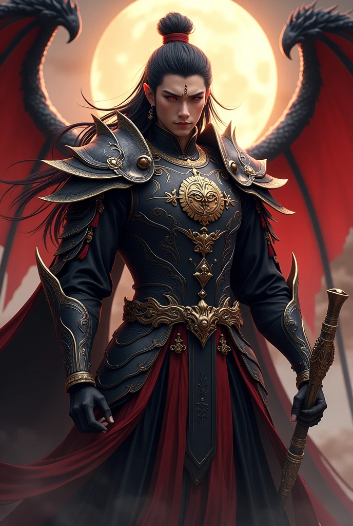 Handsome young xianxia protagonist,charming handsome,darkest Xianxia style,dark style,guy,man,long black hair, Crimson red eyes combination ,and long black with ,and the golden rune motiv scratched on his forehead,use armour featuring like God of evil with black and silver dominant color,pauldron protective shape like dragon head,breastplate featuring like qiongqi four perils Chinese beast((search reference for 4 perils Chinese beast qiongqi)),breastplate detailed qiongqi head shape,shoulder protective dragon shape like head red and blue,sun and moon and circling at the background,ultra detail,the tassel of the armour like river of galaxy, combination of black and red dominant color,darkest red dominant color, Crimson dark red dominant color armour,with majestic silver line ,held halberd of abyss,halberd extreme detailed, And demonic wings at back,demonic wings at back,terrifying aura around,24K ultra hd,face and eyes detail,lips and face detail,masterpiece ,better quality