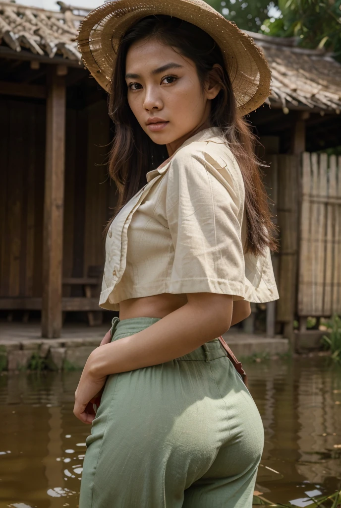 1girl, beautiful detailed asian woman, vietcong, huge detailed ass, thick detailed thighs, busty chest, traditional asian pointy straw hat, full shirt, flared cloth pants, paddy field, messy luscious hair, detailed face, penetrating eyes, long ponytail, beautiful detailed lips, extremely detailed skin, detailed clothing, (best quality,4k,8k,highres,masterpiece:1.2),ultra-detailed,(realistic,photorealistic,photo-realistic:1.37), natural lighting, warm color tones, cinematic composition