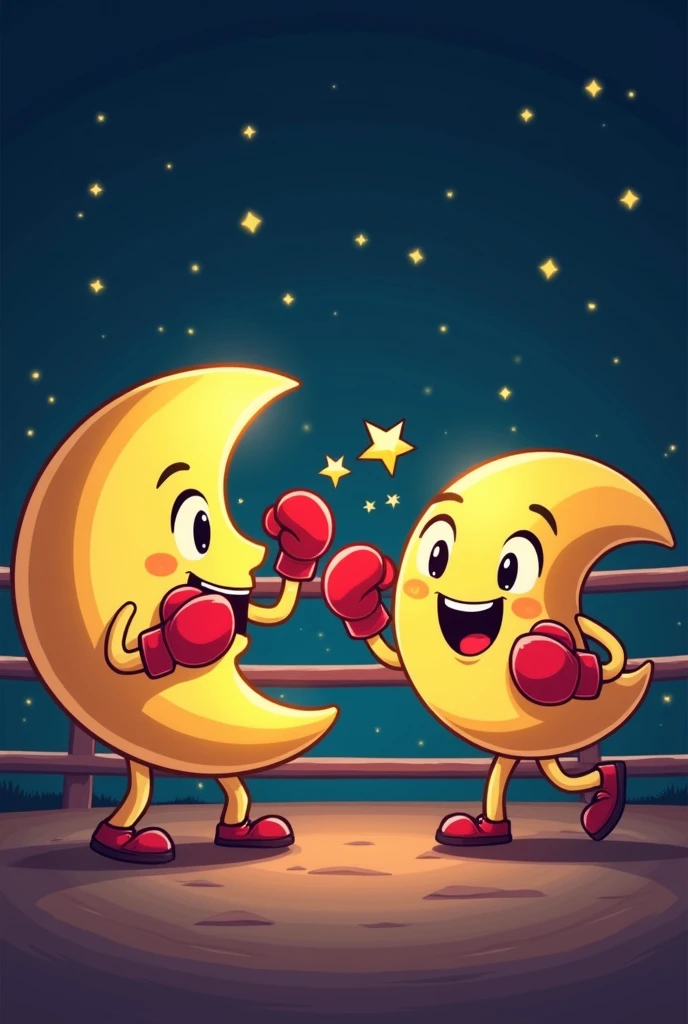 two animated crescent moons boxing, one knocking out the other