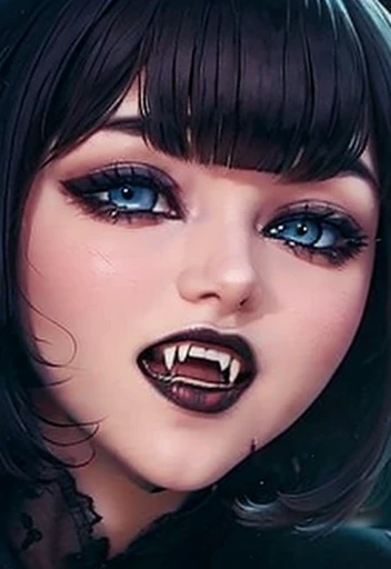 Beautiful face and perverted look wiewer, blue eyes short hair with bangs, blood, teeths vampire