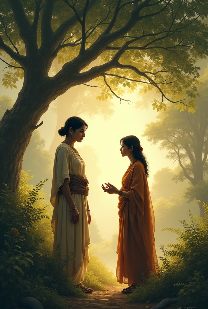 She watched Arun approach with a serene yet guarded expression. As they spoke, Arun was struck by her wisdom and the depth of her connection to the village's lore. She told him of the village's secret in tree 