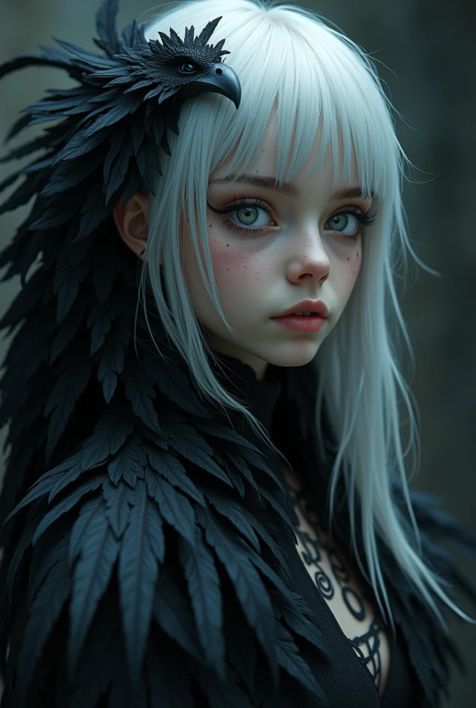 Young female human face, eye white, white  hair, monstrous with black feathers, dark anime, spiral tattoos, covered in black feathers all over the body
