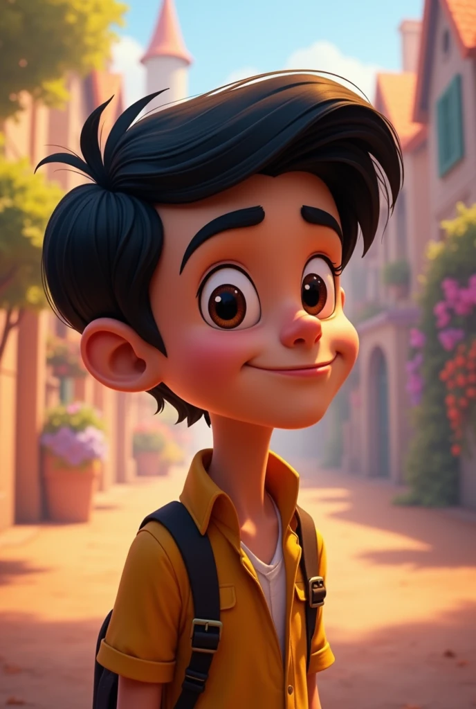 A dark-haired Disney cartoon character with a small mole under his left eyebrow