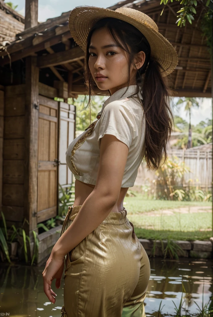 1girl, beautiful detailed asian woman, young, vietcong, huge detailed ass, thick detailed thighs, busty chest, traditional asian pointy straw hat, full shirt, flared cloth pants, paddy field, messy luscious hair, detailed face, penetrating eyes, long ponytail, beautiful detailed lips, extremely detailed skin, detailed clothing, (best quality,4k,8k,highres,masterpiece:1.2),ultra-detailed,(realistic,photorealistic,photo-realistic:1.37), natural lighting, warm color tones, cinematic composition