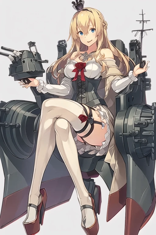 warspite \(kancolle\),,((masterpiece)),(((best quality))),((ultra-detailed)),((illustration)),((disheveled hair)),((frills)),(1 girl),(solo),1girl, bare shoulders, black footwear, blonde hair, blue eyes, braid, breasts, corset, crossed legs, crown, dress, flower, french braid, full body, garter straps, hair between eyes, hairband, high heels, jewelry, long hair, long sleeves, machinery, medium breasts, mini crown, necklace, off-shoulder dress, off shoulder, red flower, red ribbon, red rose, ribbon, rose, scepter, sitting, smile, solo, thighhighs, throne, turret, white dress, white legwear, cross leg, Official attire,