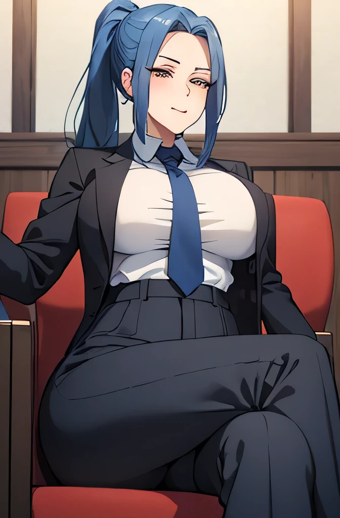 (masterpiece) (Highest quality) Meimei, skin-tight clothes, wavy bone structure, big breasts, blue tie, blue hair, black clothes, black pants, ponytail, center part, sitting in a chair, legs crossed, older sister, 2, sadistic face, sexy body visible through clothes, tongue sticking out, panting face, sexy face, face giving a blowjob, plump thighs, wearing long pants 