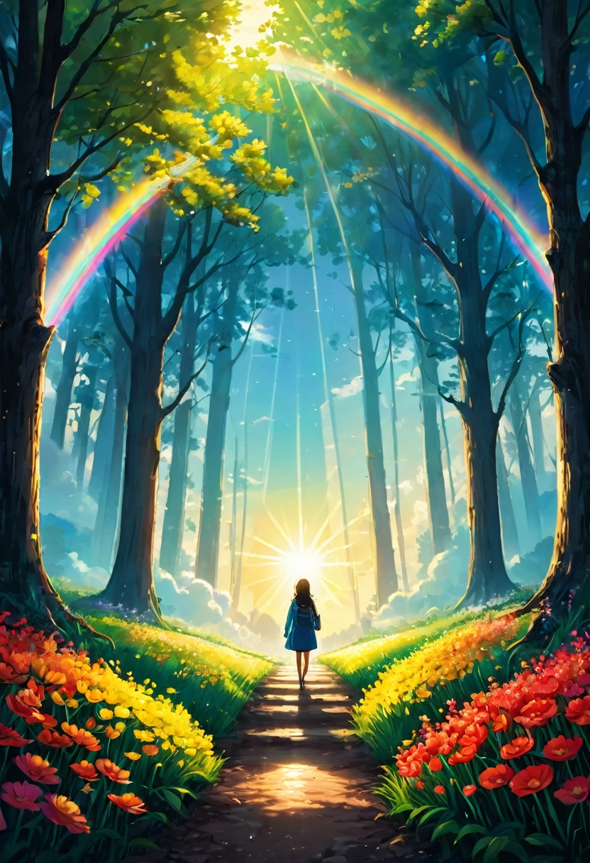 A scene of a person choosing the direction of light at a fork in the road.
Contrast: One path leads into a dark forest, the other path into light. The person chooses the path of light and moves forward.
Symbolism: Emphasizes the ability to choose the right path from difficult choices and move forward. This figure stands in the center, illuminated by warm light from the other side, revealing a bright, vast world beyond. The sky is blue, there are few clouds, there is a big rainbow, and the natural scenery of colorful flower fields stretches far into the distance. It represents the moment when you step into a new world, filled with hope and a sense of accomplishment. The contrast between the dark interior and the bright, open exterior emphasizes themes of transformation and new beginnings, and emphasizes an overall sense of optimism and accomplishment. The figure emits light, creating a light effect around it and spreading light ripples throughout. please. Add shine with light radiation and fine particles. The bright and warm design warms the hearts of those who see it.