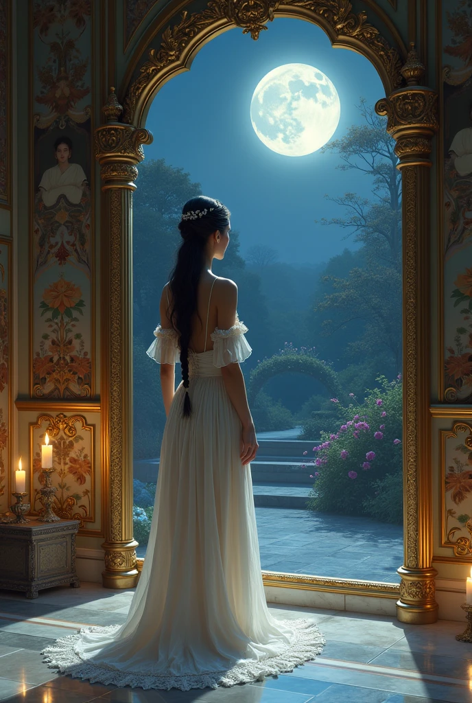 Prompt 20240827 090800 3 In a magnificent palace chamber, illuminated by the silvery light of the full moon streaming through tall, arched windows, a young woman is depicted standing before a large, ornate mirror. Her gown, made of delicate silk and adorned with intricate embroidery, shimmers with a soft, ethereal glow, reflecting the cool moonlight. Her long, dark hair is braided with threads of silver, cascading down her back as she gazes at her reflection with a serene, contemplative expression. The chamber is adorned with tapestries that tell stories of ancient myths, their rich colors muted by the cool light. The floor is made of polished marble, cold and smooth underfoot, mirroring the light and adding a sense of depth to the scene. Outside, the moonlit garden is visible, with its blooming night flowers and softly glowing lanterns. The atmosphere is one of quiet introspection, mystery, and the timeless beauty of the night. The artwork combines elements of classic, romantic painting with the sharp, detailed precision of modern digital art, capturing the mood of a serene night in a place where time seems to stand still.