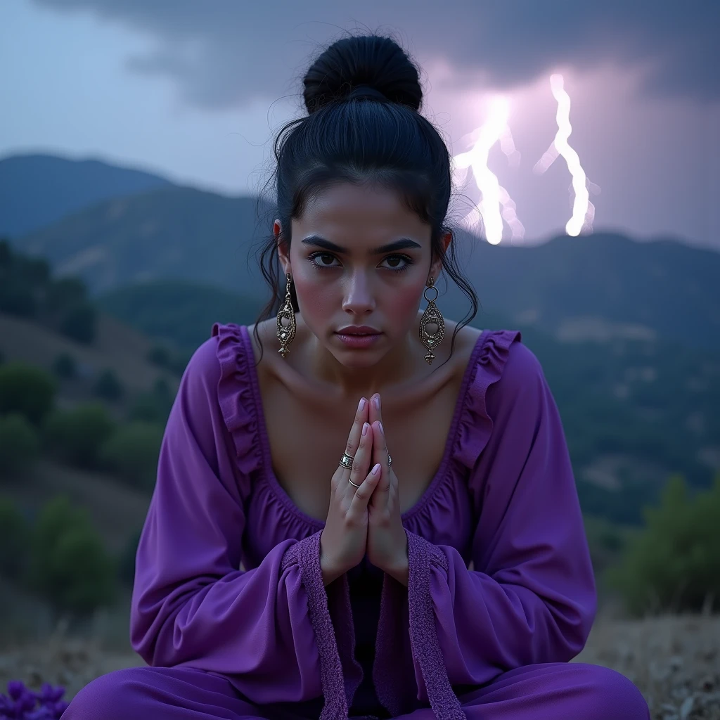 1 nubile Moroccan girl is praying and wearing a vivd glossy Jezebel in the bible regalia while extreme squatting, 3:4 full frontal body portrait, ((merge and use young faces of Lynda Carter and Rila Fukushima into best 50/50 blend)), (eyes wide open, wide open eyes, blank stare, best detailed face, best lifelike face, best lifelike nose and eyes), Grecian upstyle hairstyle with high standing ponytail, pucker lips, pale snowy colored skin, huge hoop earrings, bodacious, playboy playmate archetype, perfect bikini body, (((massive breasts))), sweaty, show armpits, showing both armpits, cameltoe, underboobs, wearing vivid glossy neon-purple harem ensemble, mindless facial expression, deeply hypnotized facial expression, deeply entranced facial expression, ((primeval backdrop with Intense lightning strikes and severe thunderstorms towering over misty mountains)), (RAW Photo, 12K, best quality, best masterpiece, hires, best realism, best photorealism, vivid colors and natural outdoor lighting)