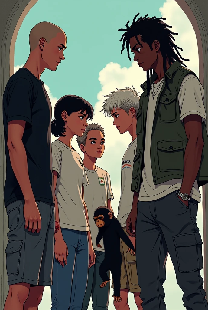 an image with 5 people interacting with each other, a young bald black man in a black t-shirt, a short young woman with bangs and an argentina shirt, a young man with messy, wavy white hair wearing a white t-shirt and baggy pants, a tall young black man with dreadlocks wearing a military vest, and a chimpanzee. Made with thick, gothic anime lines
