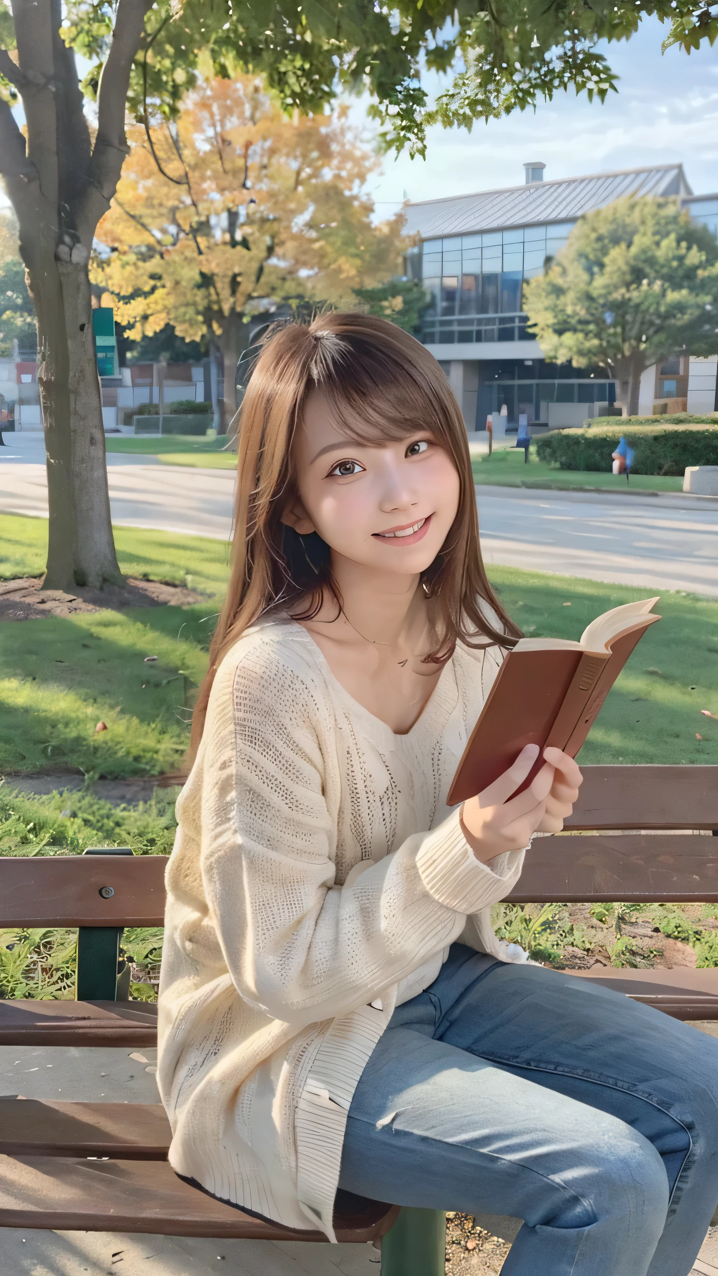 masterpiece, highest quality, High resolution, University campus, vibrant atmosphere, students walking and chatting, modern architecture, green lawns, sunlight creating dynamic shadows, Young woman, early 20s, sitting on a bench, reading a book, casual outfit, light sweater, jeans, comfortable sneakers, long hair neatly styled, focused and serene expression, slight smile, enjoying the moment, Mid-shot, focus on her reading, with the campus and other students in the background, capturing the lively yet peaceful environment, warm sunlight illuminating her face