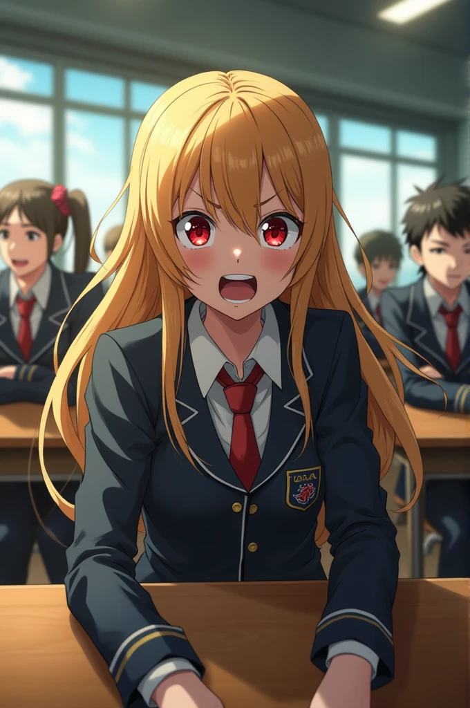 Screenshot of my ver academy. Girl with long blonde hair, Crimson red eyes and has an explosive expression, She is wearing the UA uniform and in the background a UA school class and is sitting at a table next to Bakugo Katsuki.