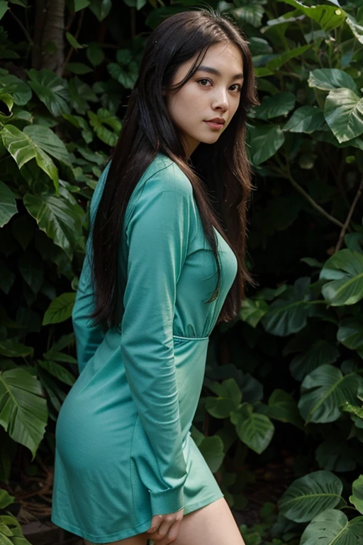 A young asian woman with long dark hair wearing a teal green long-sleeved dress, posing in front of a lush green foliage background
