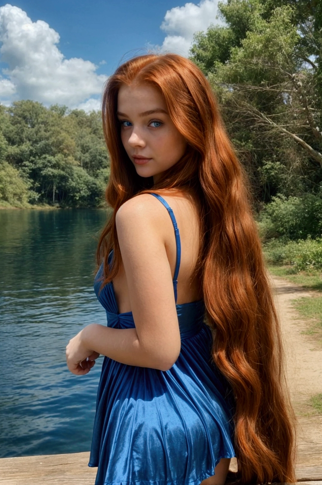 a beautiful young woman, 20 years old, long red hair, brown-eyed, realisitic, with her back to a beautiful blue lake wearing a blue dress