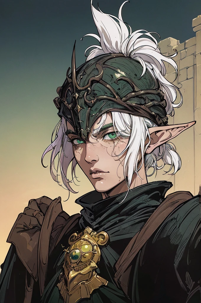 work of art:1.2, best qualityer, ung elf , elf man the, absurderes, tenebrosa, action photo, fantasy knight , portraite, not kentaro miura style, man with white hair, , , green eye sockets, action photo,, masculine, muscular, clear facial arachteristics,(Masterpiece artwork,Superior Quority,best qualityer,ultra-high resolution,cclear facial arachteristics,beautiful eyes,gorgeous face)