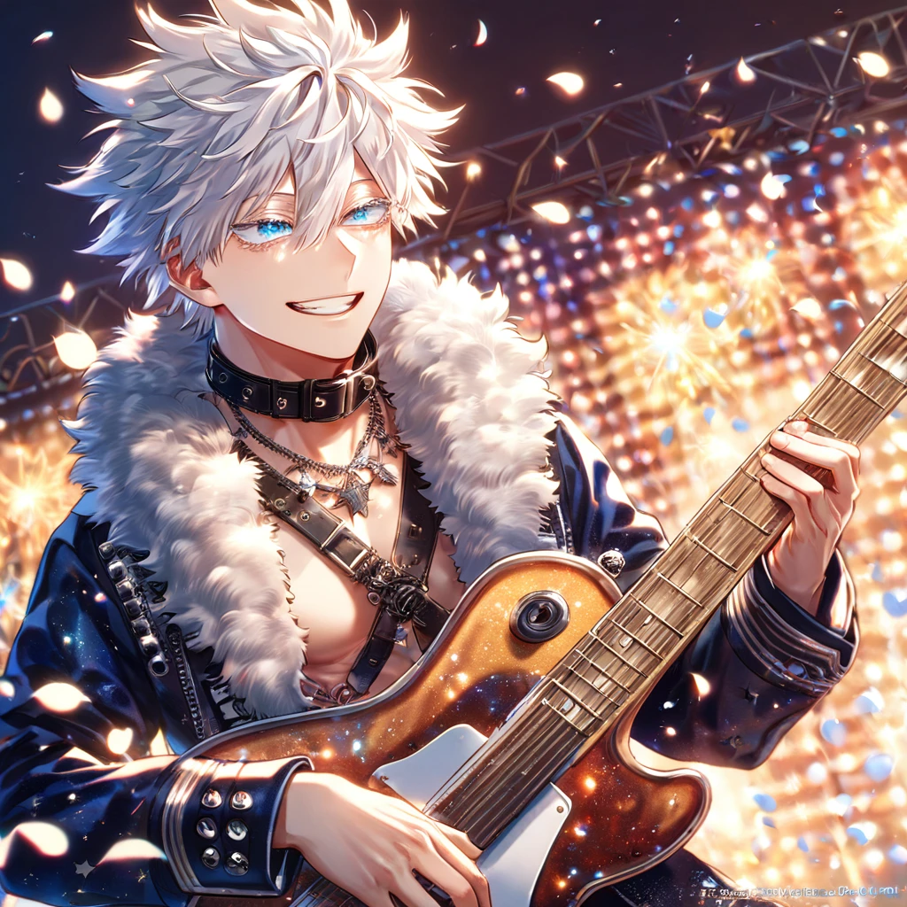 absurdres, highres, ultra detailed, HDR, master piece, best quality, extremely detailed face, delicated features, Gojou Satoru, white hair, messy hair, hair between the eyes, expressive blue eyes, white eyelashes, Boku No Hero Academia, solo, sexy man, handsome, sensual, smiling, playing a guitar, dark blue jacket with fur, no shirt, black belts, black collar, patterns, rockstar, rockstar clothes, stage, lights, petals, fantasy, magical, sparkling