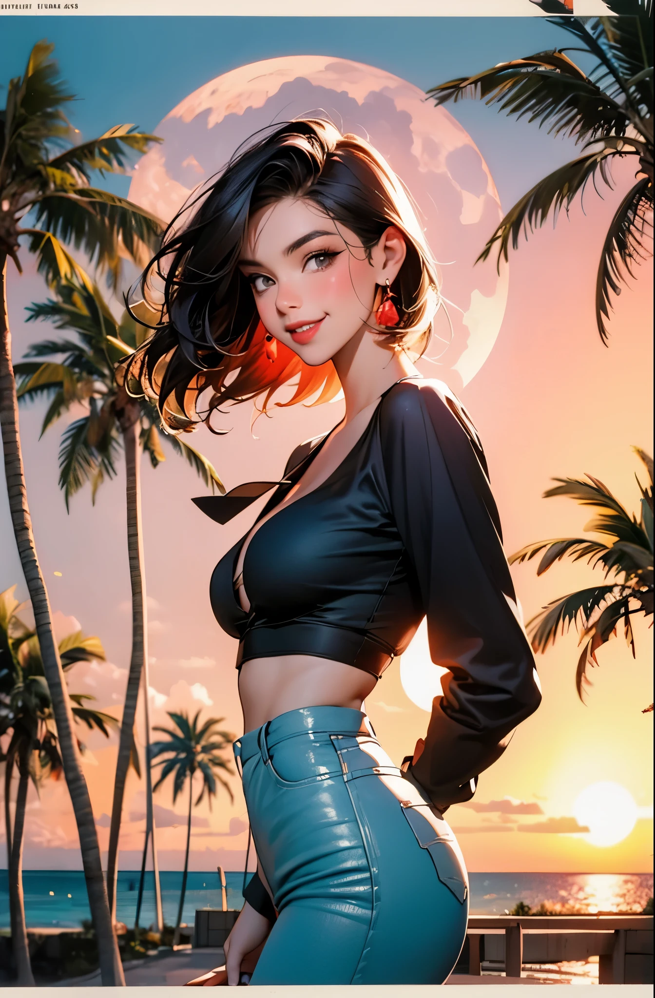 retro girl, Miami, sunset, Ferrari, palm tree, 90's, smirk smile