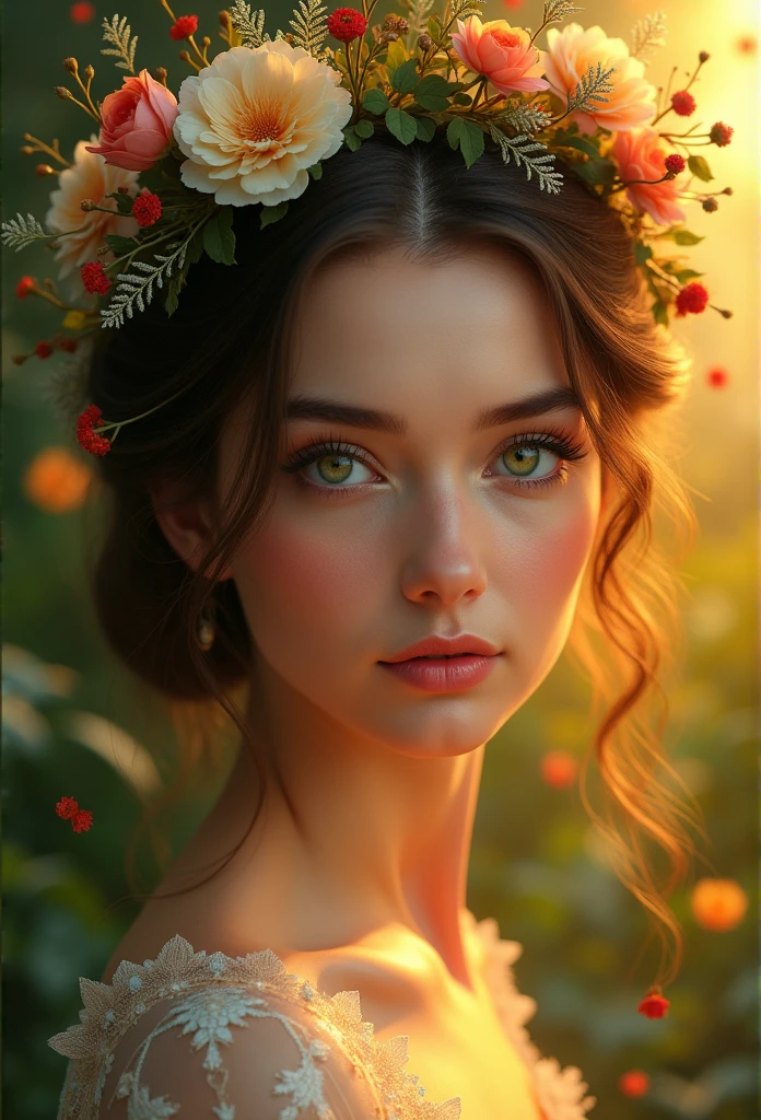 (masterpiece:1.2, exceptional quality, mirror-like, cinematic experience, Photorealistic:2.0, CRUDE:2.0, Super detailed), 8K, wallpaper, brunette woman, brown hair, green eyes, beautiful detailed eyes, beautiful detailed lips, extremely detailed face and portrait, long eyelashes, elegant posture, serene expression, ornate flower crown, ethereal glowing aura, lush garden background, golden hour lighting, vibrant colors, dreamlike atmosphere