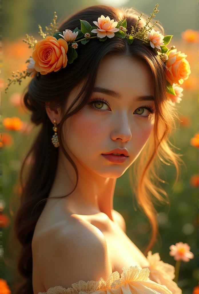 (masterpiece:1.2, exceptional quality, mirror-like, cinematic experience, Photorealistic:2.0, CRUDE:2.0, Super detailed), 8K, wallpaper, brunette woman, brown hair, green eyes, beautiful detailed eyes, beautiful detailed lips, extremely detailed face and portrait, long eyelashes, elegant posture, serene expression, ornate flower crown, ethereal glowing aura, lush garden background, golden hour lighting, vibrant colors, dreamlike atmosphere