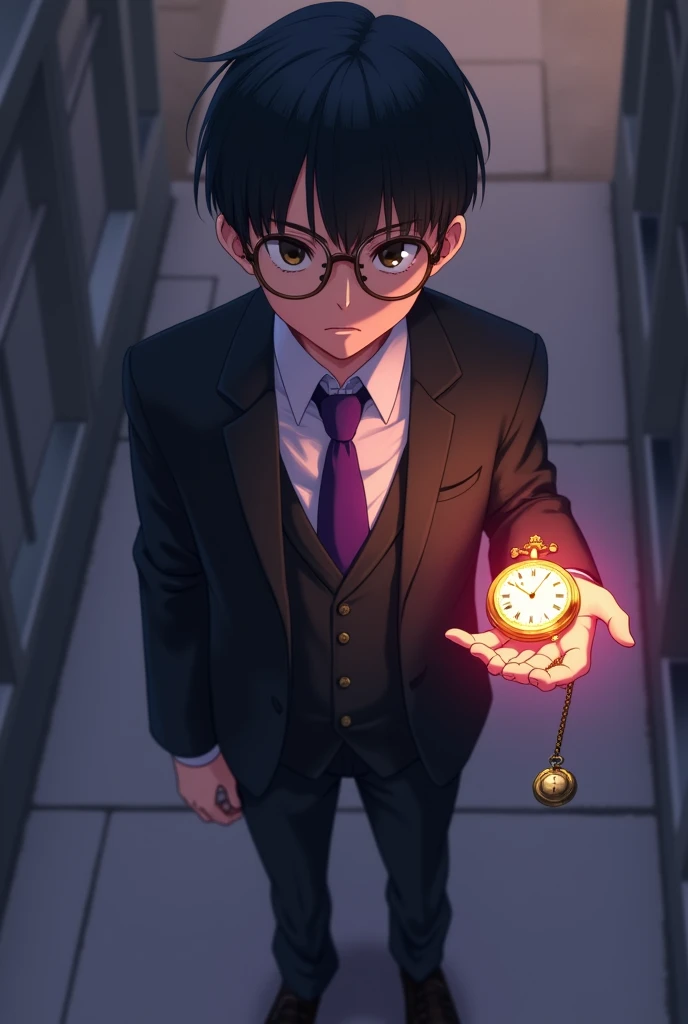 A 1 boy with a serious face, straight black hair combed to the sidewearing round glasses, de terno preto, purple necktie, black pants and black formal shoes, holding in one hand a golden pocket watch by a small chain with a pink aura around the pocket watch in anime style 