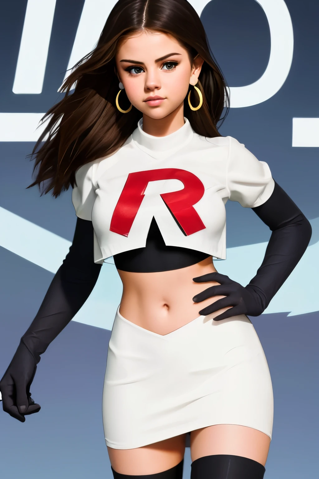 The face of Selena gomez, 1girl, solo, team rocket,team rocket uniform,white skirt,red letter R,crop top,black thigh-highs,black elbow gloves, earrings, large breasts, 