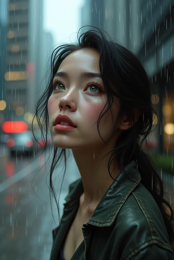 Beautiful woman with green eyes is on the sidewalk looking up and the rain falling on her.