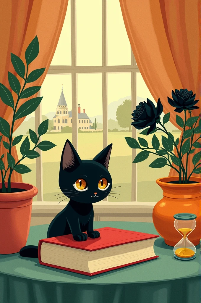 watercolors, soft neutral colors, black cat sitting on a red book, next to a small orange bonsai tree in an orange and red pot,  next to a vase with black roses, all on a table of green tones,  in a room with windows see mansion deep yellow color,  precise lines, very detailed, The cat&#39;s anxious facial expression is the most important thing,  an hourglass with sand and gold