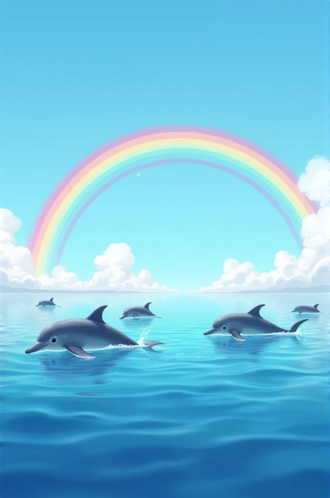 Dolphins and a rainbow over an ocean