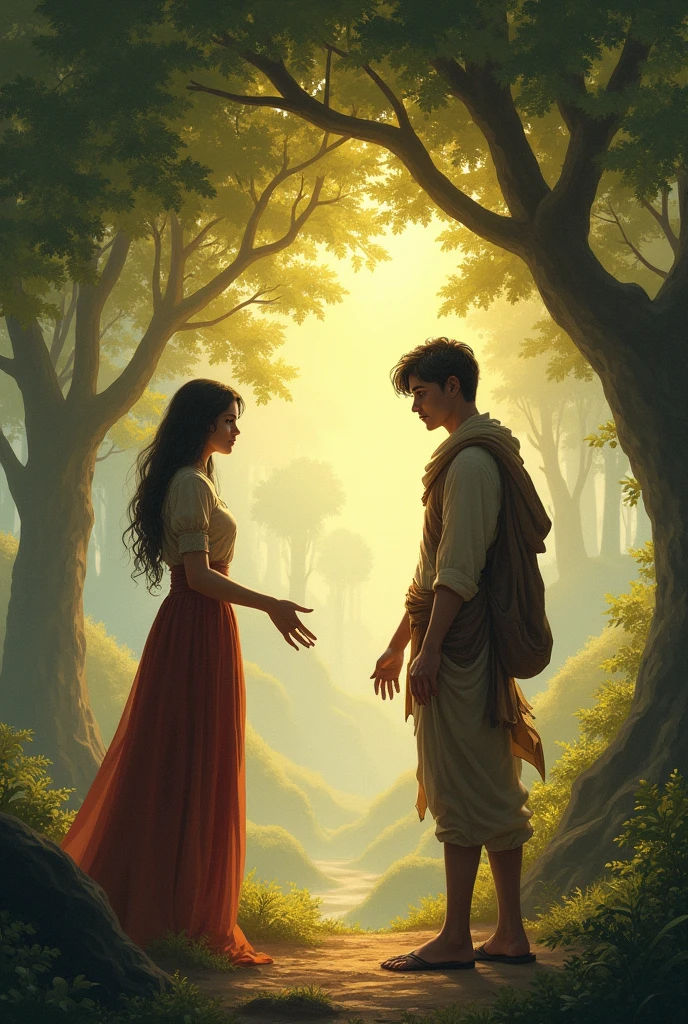 She watched Arun approach with a serene yet guarded expression. As they spoke, Arun was struck by her wisdom and the depth of her connection to the village's lore. She told him of the village's secret in tree