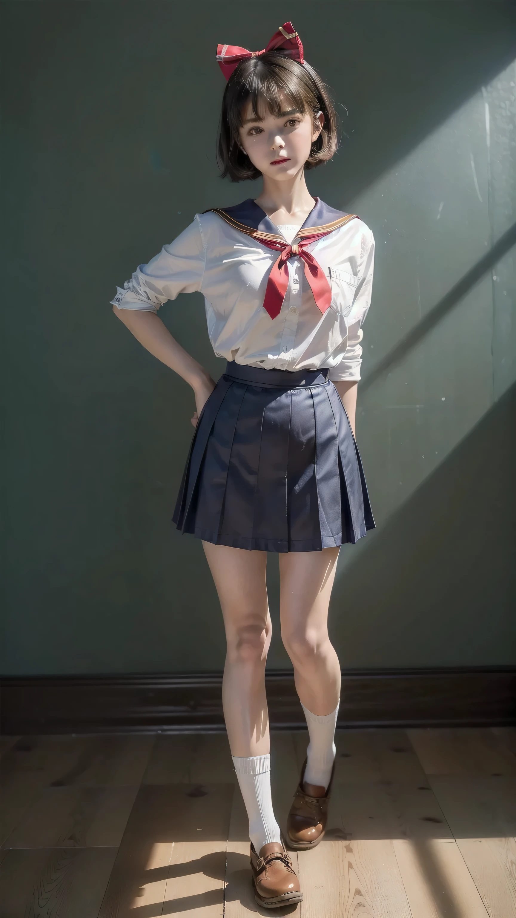 ((top quality, ultra-detailed, high resolution, extremely detailed CG, unity 8k wallpaper, by famous artist, perfect anatomy, super detailed skin, cinematic lighting, UHD, retina, anatomically correct, 1080P)), (Please draw a single one happy girl walking in a classroom school:1.3), a junior high school student, ((cute petit girl, chibi, babyface)) androgynous charm, ((1girl)), (( face:2.0), smile, ((Kiki)), ((short hair)), ((brown hair)), ((black eyes)), ((hair red bow)), ((clear forehead with little bangs)), ((bob haircut)), ((brown footwear)), ((very thin legs)), ((skinny legs, thin body, small build)), Full limbs, complete fingers, ((perfect fingers and hands)), flat chest, small breasts, ((childish body:1.3)), small butt, groin, ((sailor school uniform)), ((blue skirt)). ((white blouse)), ((red bow on the blouse with blue sailor collar)), short sleeves, stockings, socks outlined with black stripe, shoes, (Detailed Lighting), ((classroom background)), (Detailed scenary background), ((in the school zone)), full body view, ((standing)), legs. Cute, kawaii single girl (one girl), full body shot. ((Background is the school)), front body, ((A natural, correctly proportioned hands)), ((little girl)), ((Latin American face:1.3)), ((Mexican face:1.3))