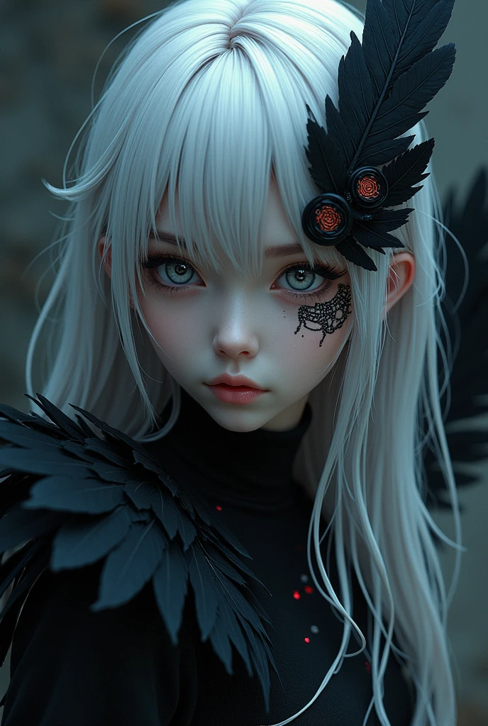 Young female human face, eye white, white hair, monstrous with black feathers, dark anime, spiral tattoos, covered in black feathers all over the body, black modern clothes