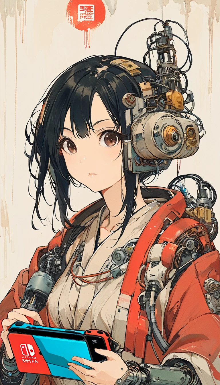 (Beautiful mature woman) (Short bob style hair) (Black Hair) (Dark brown eyes) (parts) (Playing on Nintendo Switch)、Upper Body、cyborg、Moderate bust、The Style of Kawanabe Kyosai