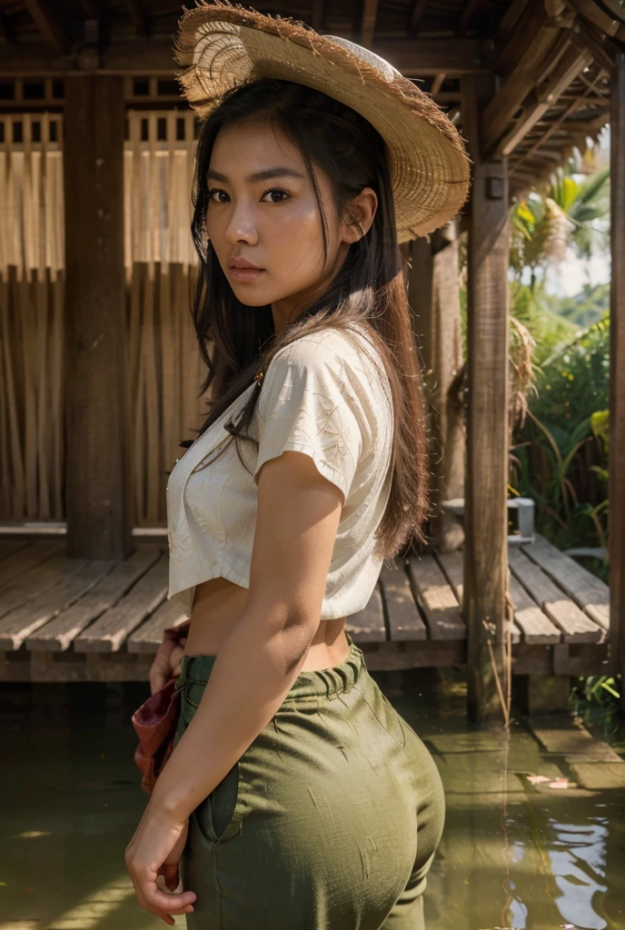 1girl, beautiful detailed asian woman, young, vietcong, huge detailed ass, thick detailed thighs, busty chest, traditional asian pointy straw hat, full shirt, flared cloth pants, paddy field, messy luscious hair, detailed face, penetrating eyes, long ponytail, beautiful detailed lips, extremely detailed skin, detailed clothing, (best quality,4k,8k,highres,masterpiece:1.2),ultra-detailed,(realistic,photorealistic,photo-realistic:1.37), natural lighting, warm color tones, cinematic composition
