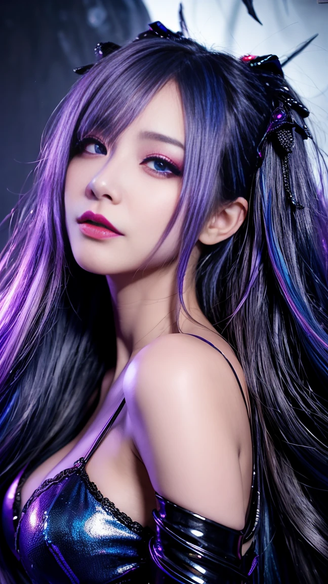 (Highest quality detail)、Realistic、8k Ultra HD、High resolution、(One Woman),(Fatal Beauty,attractive) ,(Mysterious charm:1.1),(Big Breasts、Attractive silhouette),Ultra-detailed、High quality textures、Intricate details、Highly detailed CG、High quality shadows、Beautiful and delicate face、Beautiful and delicate eyes、Written boundary depth、Ray Tracing、20th Generation、Cute K-Pop Girls、(The Face of Ulzan in Korea)、Thin face、(URZAN-6500-v1.1:0.6)、PurerosFace_v1、Glowing Eyes、Perfect body、 Viewer Display、(Highest quality detail:1.2)、8k Ultra HD、Close-up of a woman, Realistic rendering, attractive, Real Girls, Gurwitz, role play, Realistic 3D style, 8K Portrait Rendering,(truth,truth:1.4),(Sparkling eyes girl:1.2)、cheek、Glossy Lips、Best image quality, 8k Ultra HD Full Color RAW Photos, Fujifilm(Medium format), hasselblad, Carl Zeiss, Incredible dynamic range photography(utility_art:Smooth-768:1.1),High resolution, High pixel count, Clear details, Clear images, Natural color reproduction, Noise Reduction, High fidelity, quality, Software Improvements, Upscaling, Optimized Algorithms, Professional-level retouching, 強力なスーパーevil femaleがクローズアップでポーズをとる, Black Goddess 、(Expose your shoulders), Flowing purple hair, View your audience, Highly detailed face, Blue smoke swirling around her, Love evil things, Captivating blue eyes, Dark fantasy, Esoteric arachnids lady, Spider Queen, Esoteric arachnids, Combat Stance, Sharp fangs, nature, ((Complex metallic colors in the foreground)), (( Fluid Mechanics, The most beautiful smooth scale face makeup, Smirking expression)) 、Dark blood, Onyxia、Beautiful young witch, purple hair, dark purple lips, evil, evil female, smile, Black Prom Dress, She is coming to you, Bright Blue Eyes, Surrounded by swirling pink smoke, Blood Chain, Behemoth Bones, Snake-like tentacles, Cruel Teeth, Expressions of madness, Oppressive Dungeon、 Grotesque shadows dance, The creature whispers, Stifling atmosphere, Vision problems, Visible Madness. Blade, A flash of evil intent shines, reflect (Light) Beyond the Darkness,