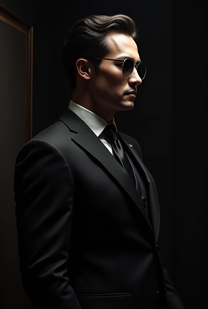 Create a profile picture featuring a well-dressed person representing wealth, with their face partially hidden. The person should be wearing a suit or formal attire, symbolizing luxury and success. The atmosphere should be enigmatic and mysterious, with subtle shadows obscuring part of the figure's face, creating a sense of intrigue. The background should complement the luxurious theme, using dark tones and sophisticated details, evoking an aura of mystery and affluence