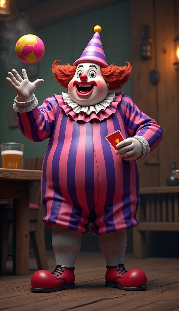 Chubby male clown, whole body, Pink and purple thick striped jumpsuit, Pink and purple thick striped cone hat, Grey pantyhose, Holding a playing card in one hand、Is doing ball balancing, Tavern