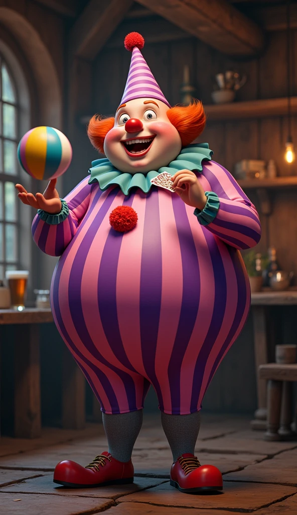 Chubby male clown, whole body, Pink and purple thick striped jumpsuit, Pink and purple thick striped cone hat, Grey pantyhose, Holding a playing card in one hand、Is doing ball balancing, Tavern