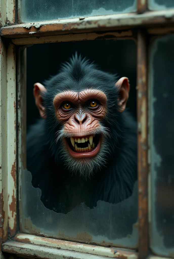 Monkey looking out of a window with a psycho face